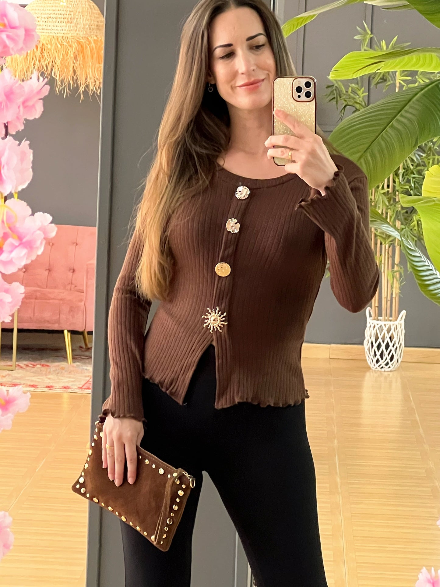 Jersey Canalé Chocolate con Botones Dorados El Vestidor de Inma