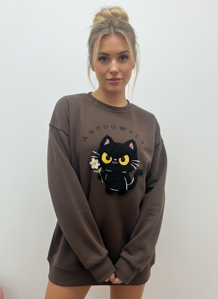 Sudadera Chocolate Talla Única con Gato Bordado 3D – Suave, Cómoda y Súper Estilosa El Vestidor de Inma