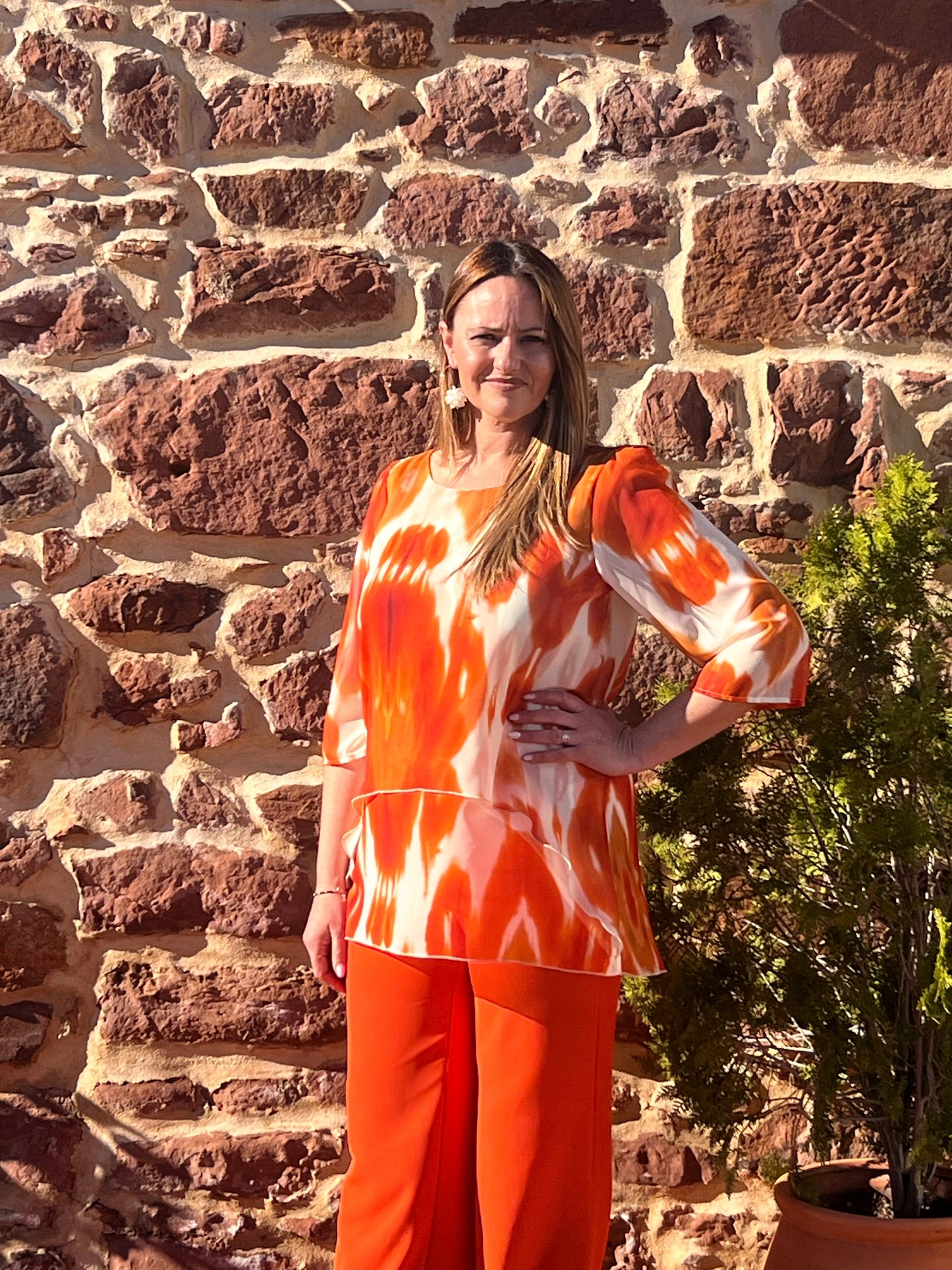 Blusa Mujer Estampado Ikat Naranja · Acuarela · Manga 3/4 · Tallas 42 44 46 | Hecha en España El Vestidor de Inma