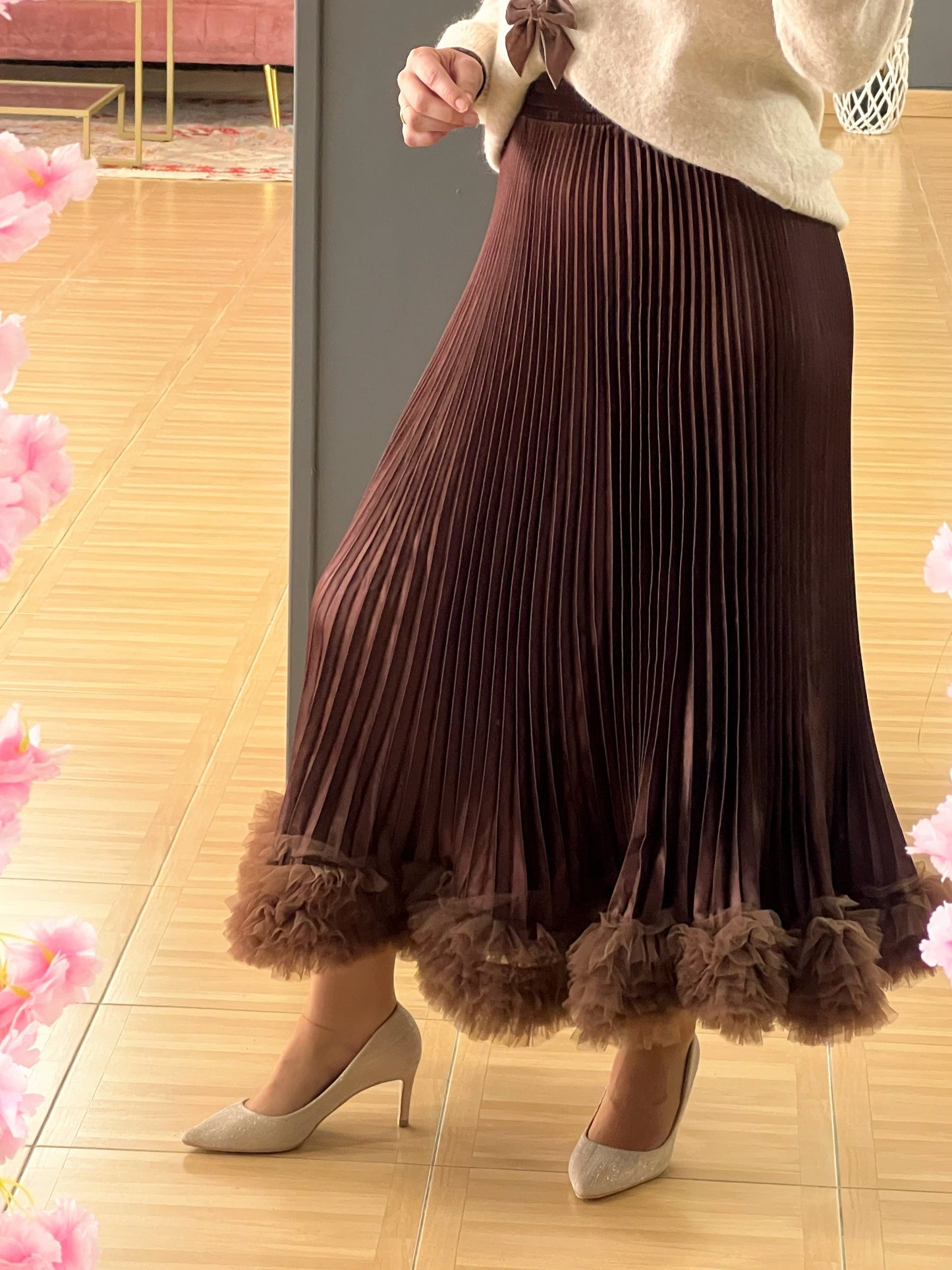 Falda plisada marrón con bajo de tul – Talla única elegante y versátil El Vestidor de Inma