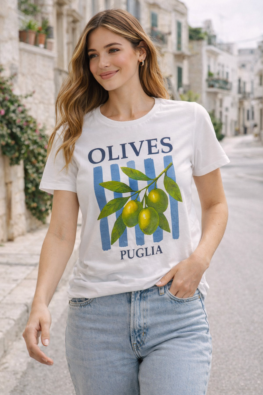 Camiseta Olives Puglia Blanca Estampado Olivas | Talla Única hasta 44/46 El Vestidor de Inma