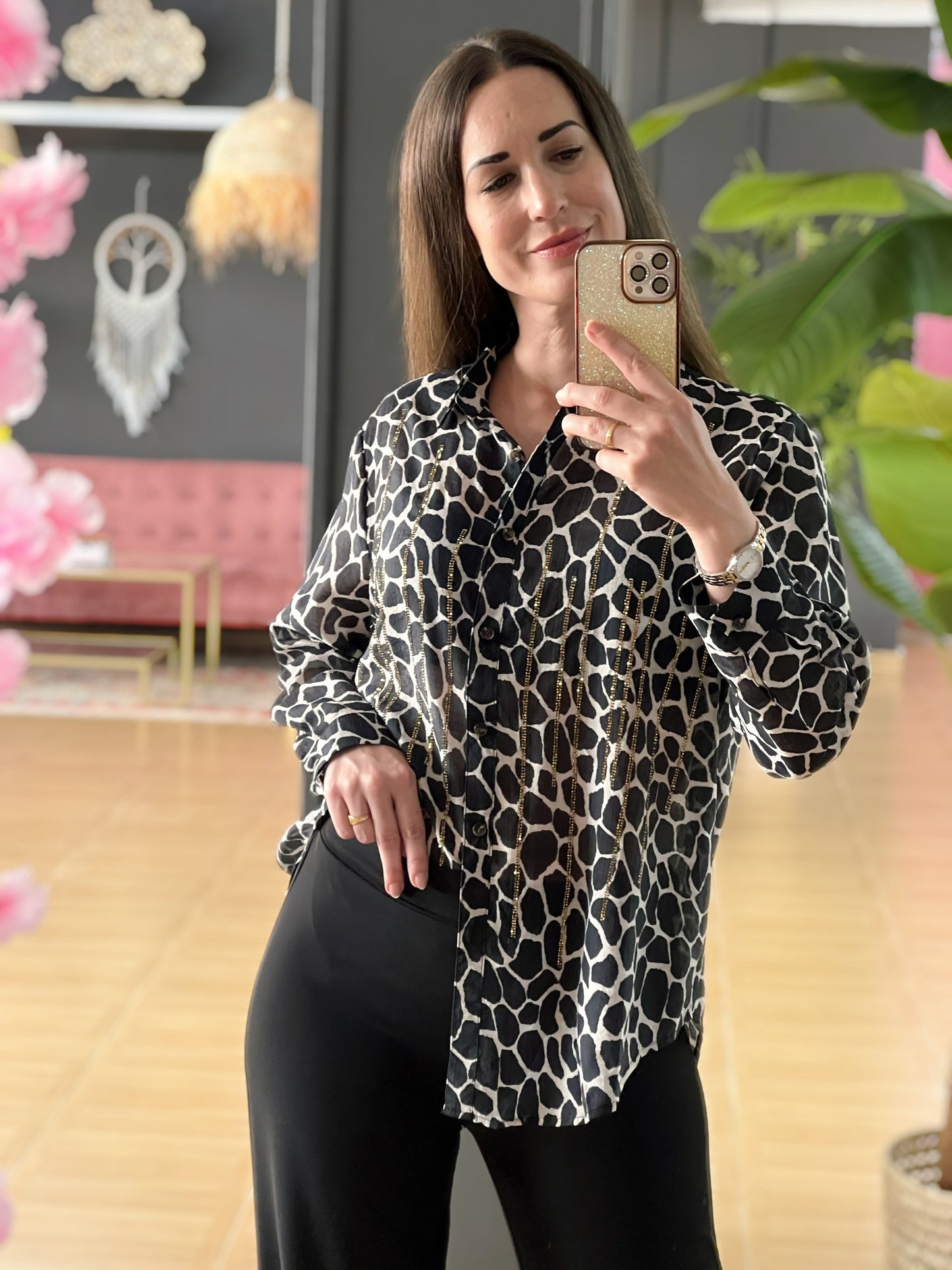 Camisa Animal Print Jirafa Con Strass El Vestidor de Inma