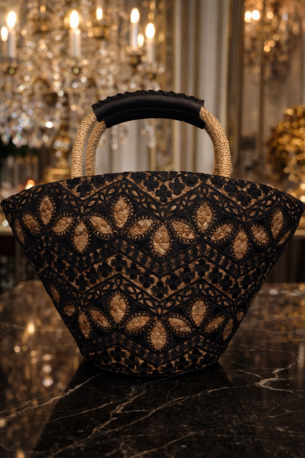 Bolso de Mano Capazo Rafia con Encaje Negro y Asa de Cuero | Forro Interior con Bolsillo y Cremallera El Vestidor de Inma