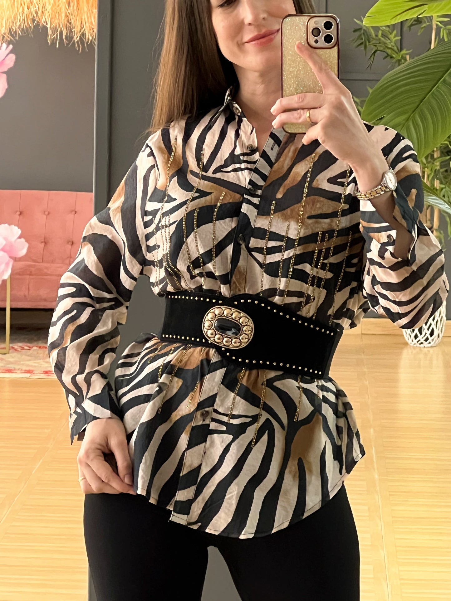 Camisa Animal Print Cebra Con Strass El Vestidor de Inma