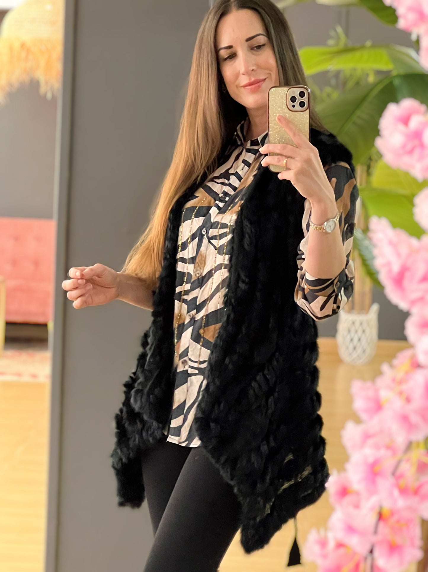Chaleco de pelo natural de conejo negro – Elegancia y calidez en talla única El Vestidor de Inma