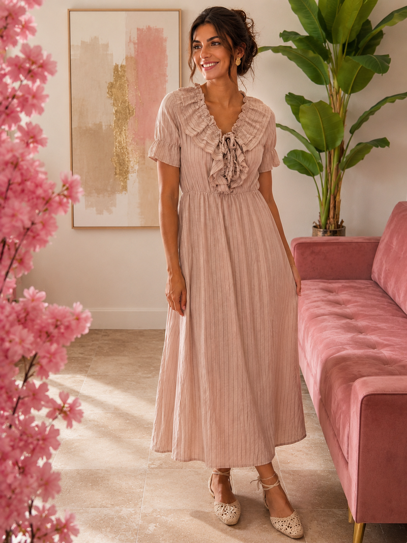 Vestido Midi Beige Rayas Volantes y Lazo · Talla Única
