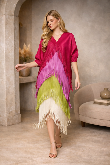 Vestido Invitada Plisado con Flecos Talla Única Hasta 52 El Vestidor de Inma