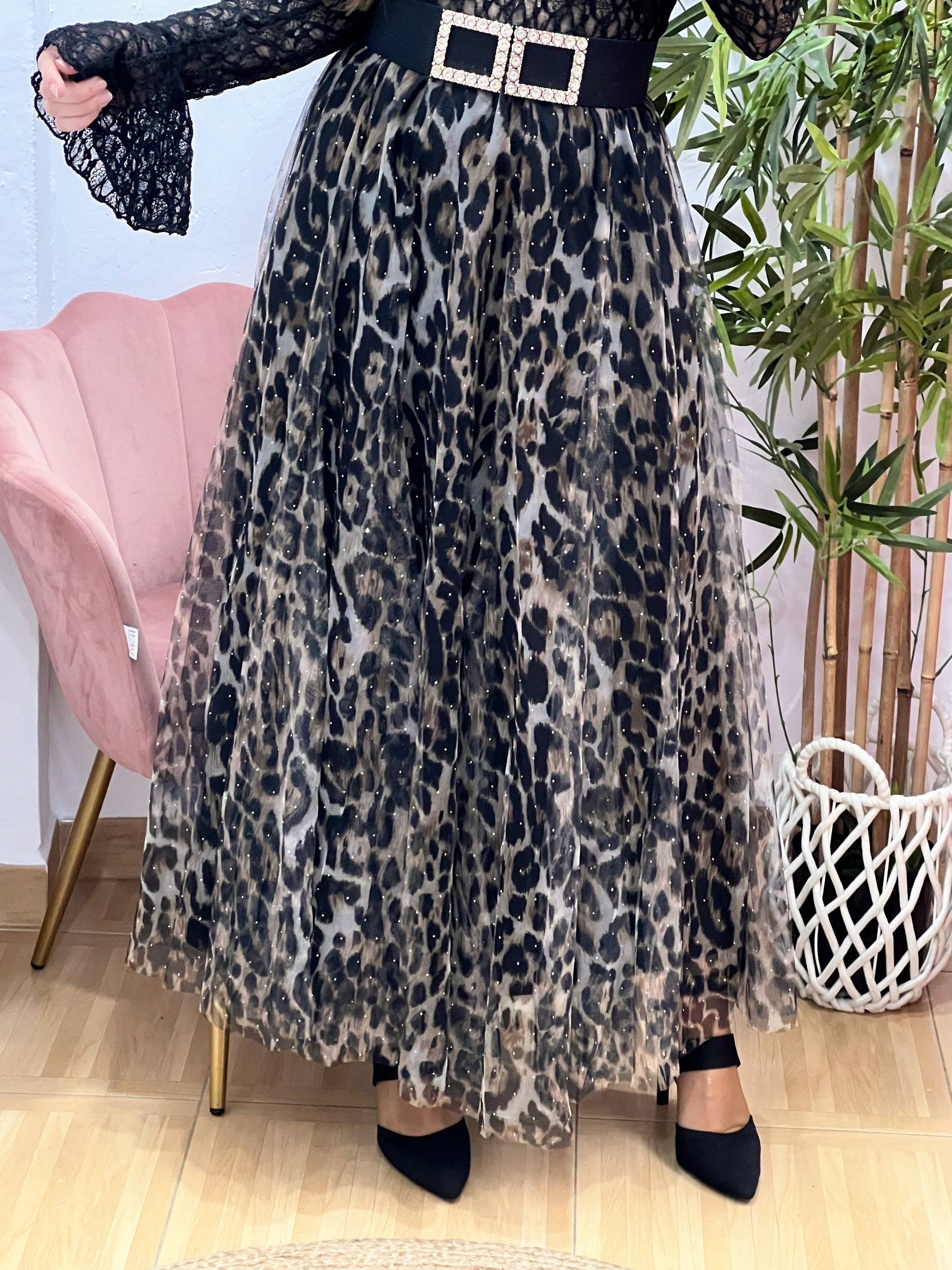 Falda Larga de Tul Animal Print con Brillos – Cintura Elástica, Mucho Vuelo y Forro Interior (Talla Única) El Vestidor de Inma