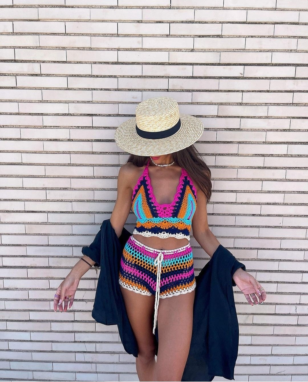 Conjunto Beach Crochet Hecho a Mano | Top Halter + Short | Talla Única 34-42 | Multicolor El Vestidor de Inma