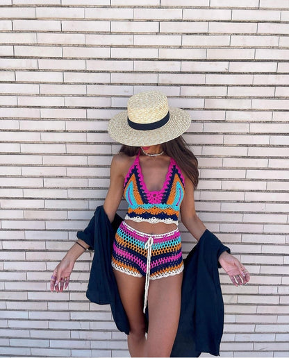 Conjunto Beach Crochet Hecho a Mano | Top Halter + Short | Talla Única 34-42 | Multicolor El Vestidor de Inma
