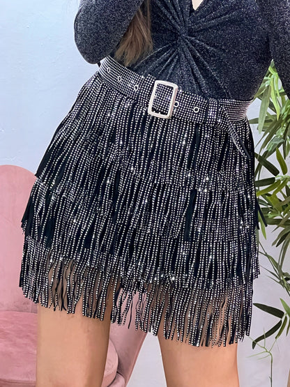 Falda Negra de Flecos con Strass Plateado – Elástica, con Cremallera Trasera y Cinturón Incorporado El Vestidor de Inma