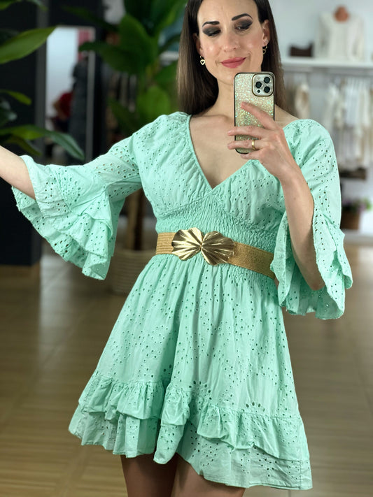 VESTIDO CORTO NIDO DE ABEJA  BORDADO INGLÉS El Vestidor de Inma