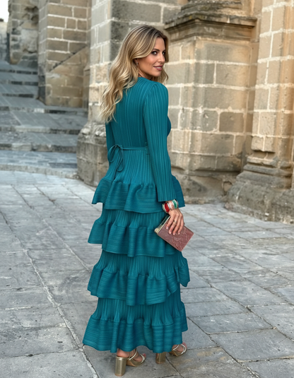 Vestido Invitada Talla Grande Plisado con Volantes y Fajín – Talla Única hasta 52 El Vestidor de Inma