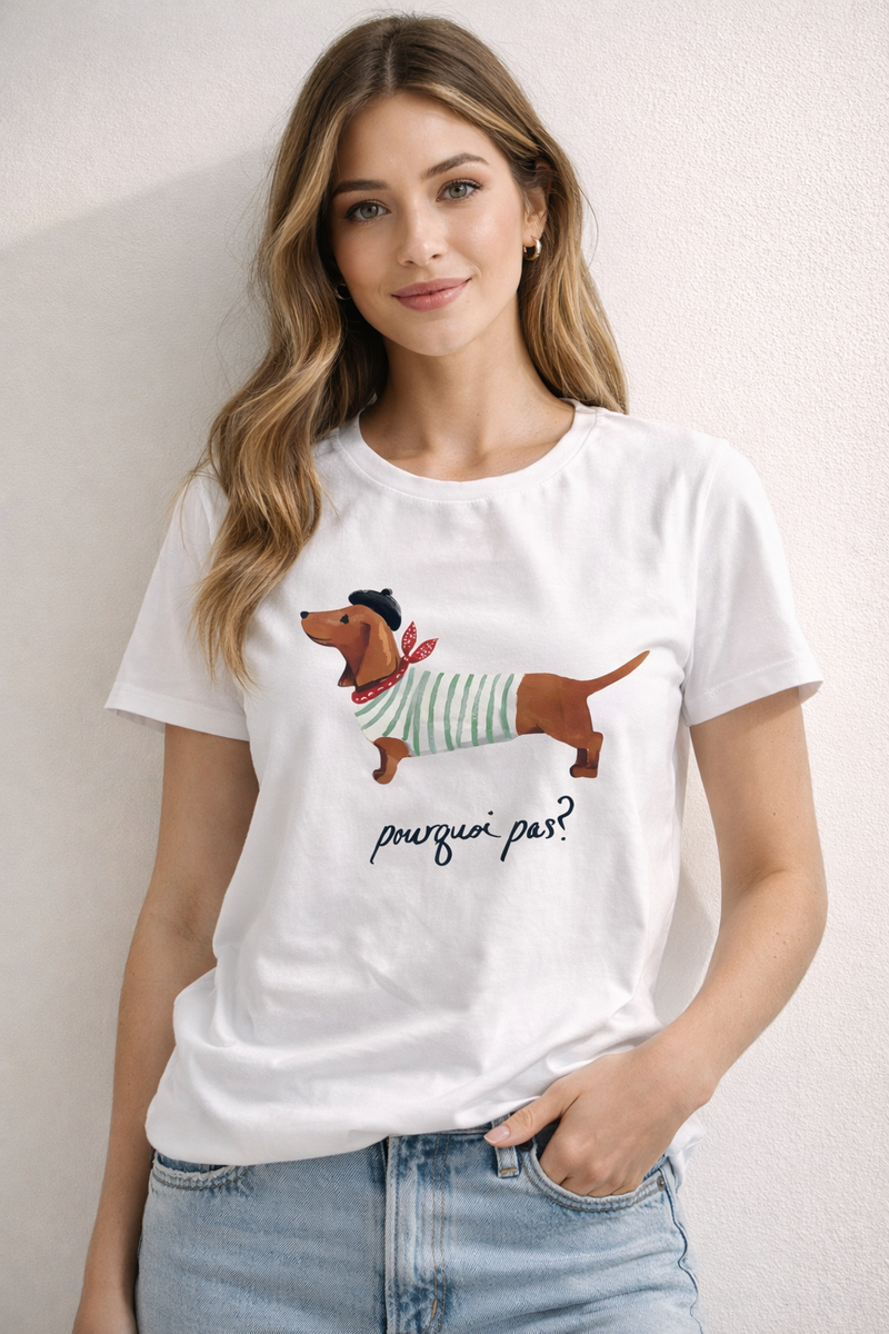 Camiseta Perro Salchicha Pourquoi Pas | Camiseta Mujer Ilustración | Talla Única