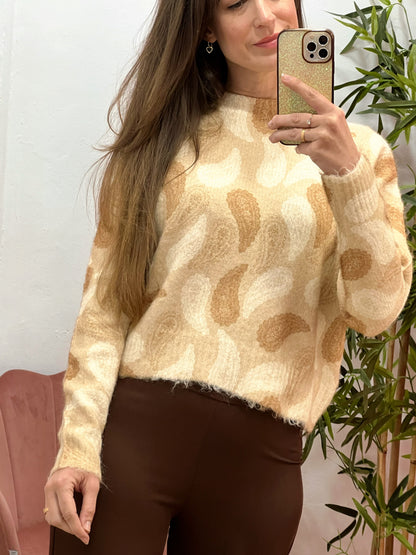 Jersey Talla Única Beige & Camel – Suave, Calentito y con Estampado Paisley El Vestidor de Inma