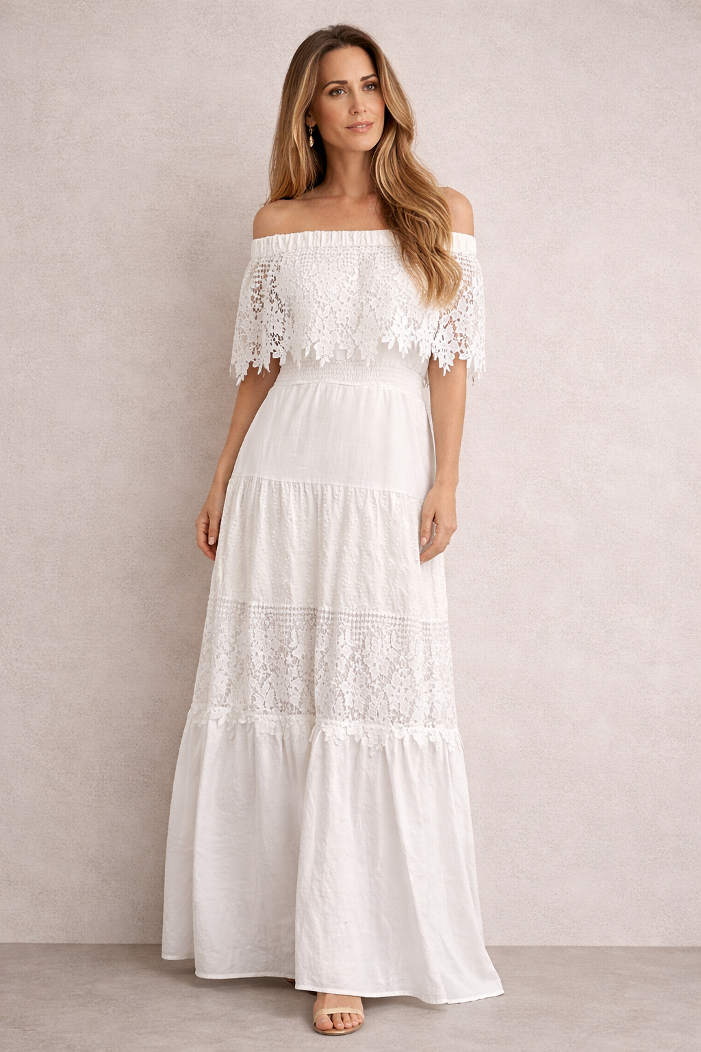 Vestido Largo Blanco Encaje Hombros Descubiertos con Forro | Talla Única | Invitada Boda Comunión El Vestidor de Inma