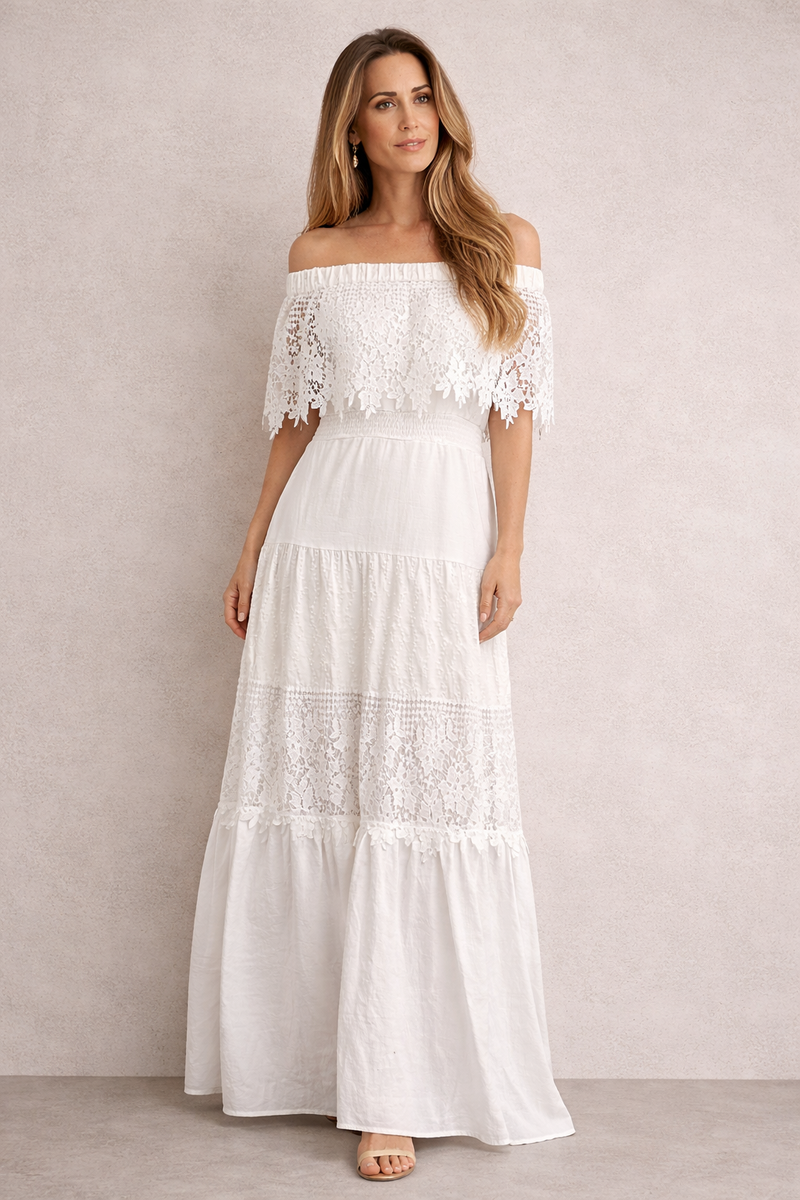 Vestido Largo Blanco Encaje Hombros Descubiertos con Forro | Talla Única | Invitada Boda Comunión