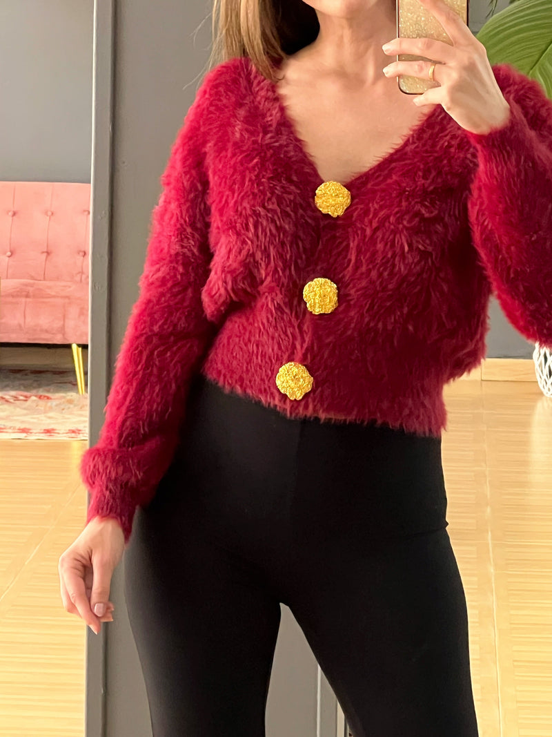 Jersey Peluche Burdeos con Botones Dorados