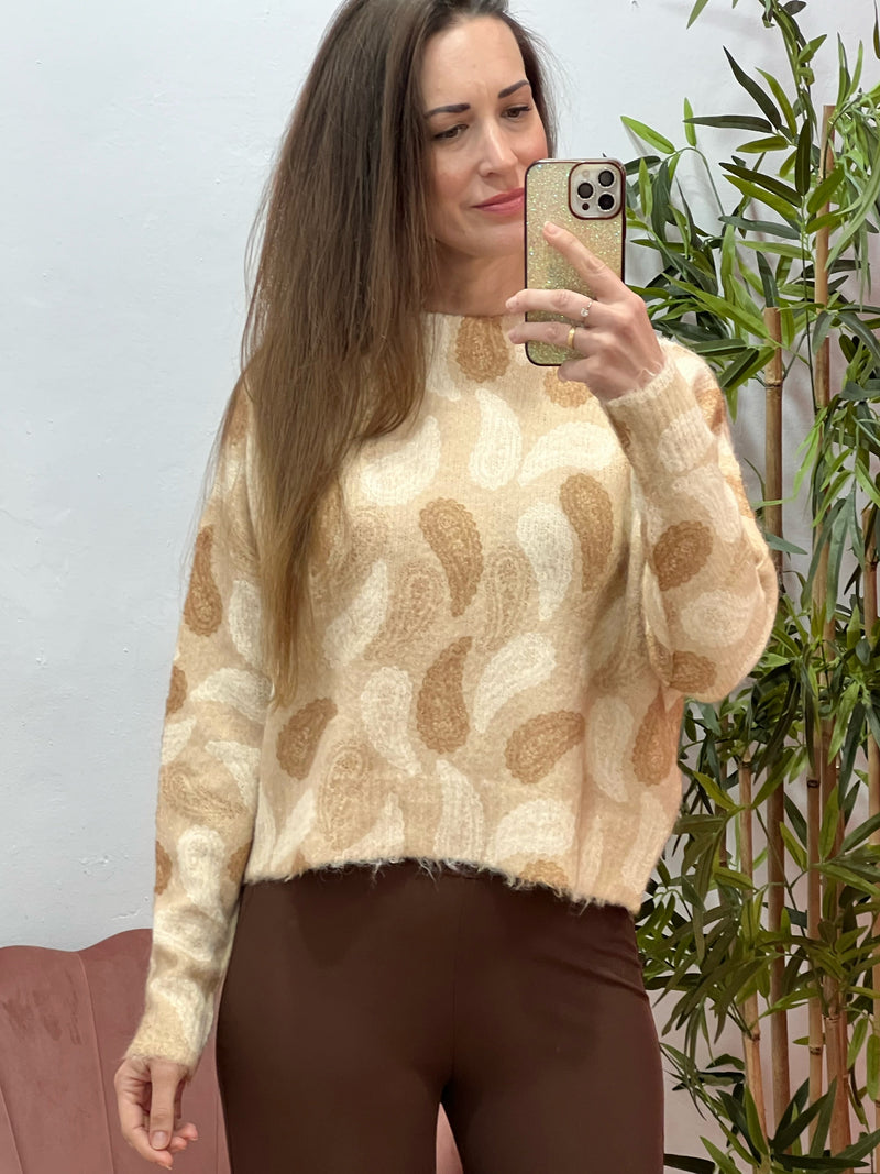 Jersey Talla Única Beige & Camel – Suave, Calentito y con Estampado Paisley