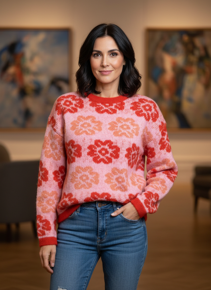 Jersey Rosa de Punto Súper Gustoso con Flores · Talla Única 36-48 · Máxima Calidad Mujer