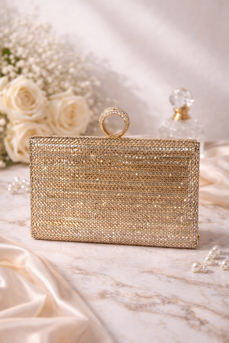 Cartera Dorada de Invitada con Pedrería | Clutch Elegante para Bodas, Bautizos y Eventos