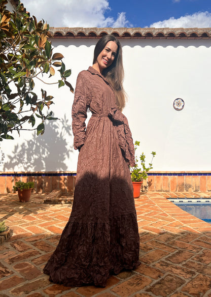 Vestido largo marrón con lazada y bolsillos | Talla única amplia – El Vestidor de Inma El Vestidor de Inma