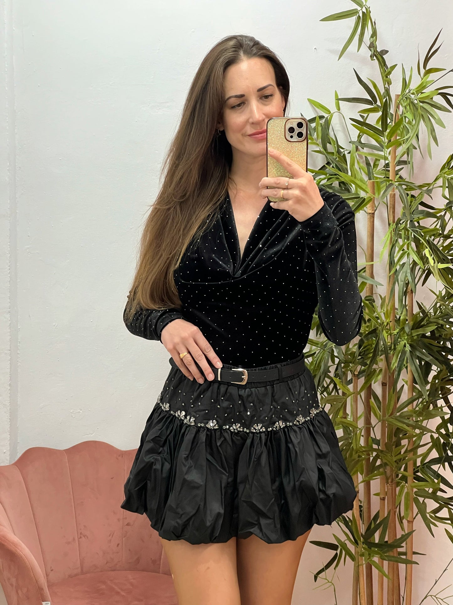 Falda Globo en Polipiel con Pedrería – Pantalón Interior y Cinturón Incluido (Tallas S/M/L) El Vestidor de Inma