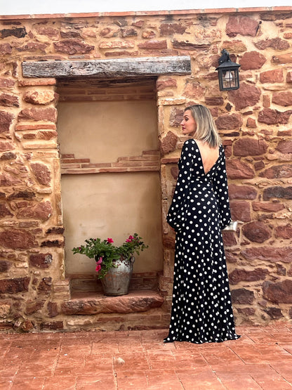 Vestido largo negro lunares blancos escote espalda — Talla Única (34-42) El Vestidor de Inma