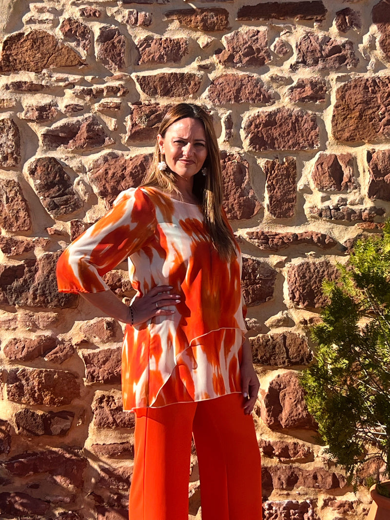 Blusa Mujer Estampado Ikat Naranja · Acuarela · Manga 3/4 · Tallas 42 44 46 | Hecha en España