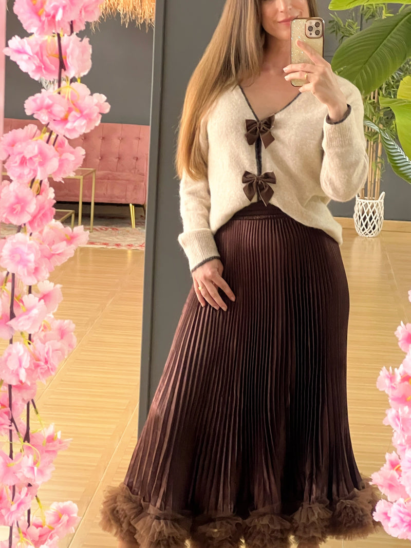 Falda plisada marrón con bajo de tul – Talla única elegante y versátil