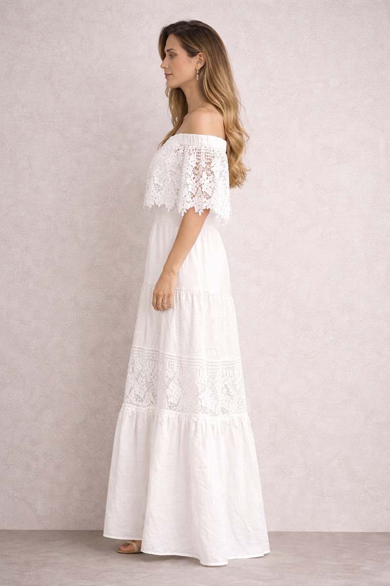 Vestido Largo Blanco Encaje Hombros Descubiertos con Forro | Talla Única | Invitada Boda Comunión