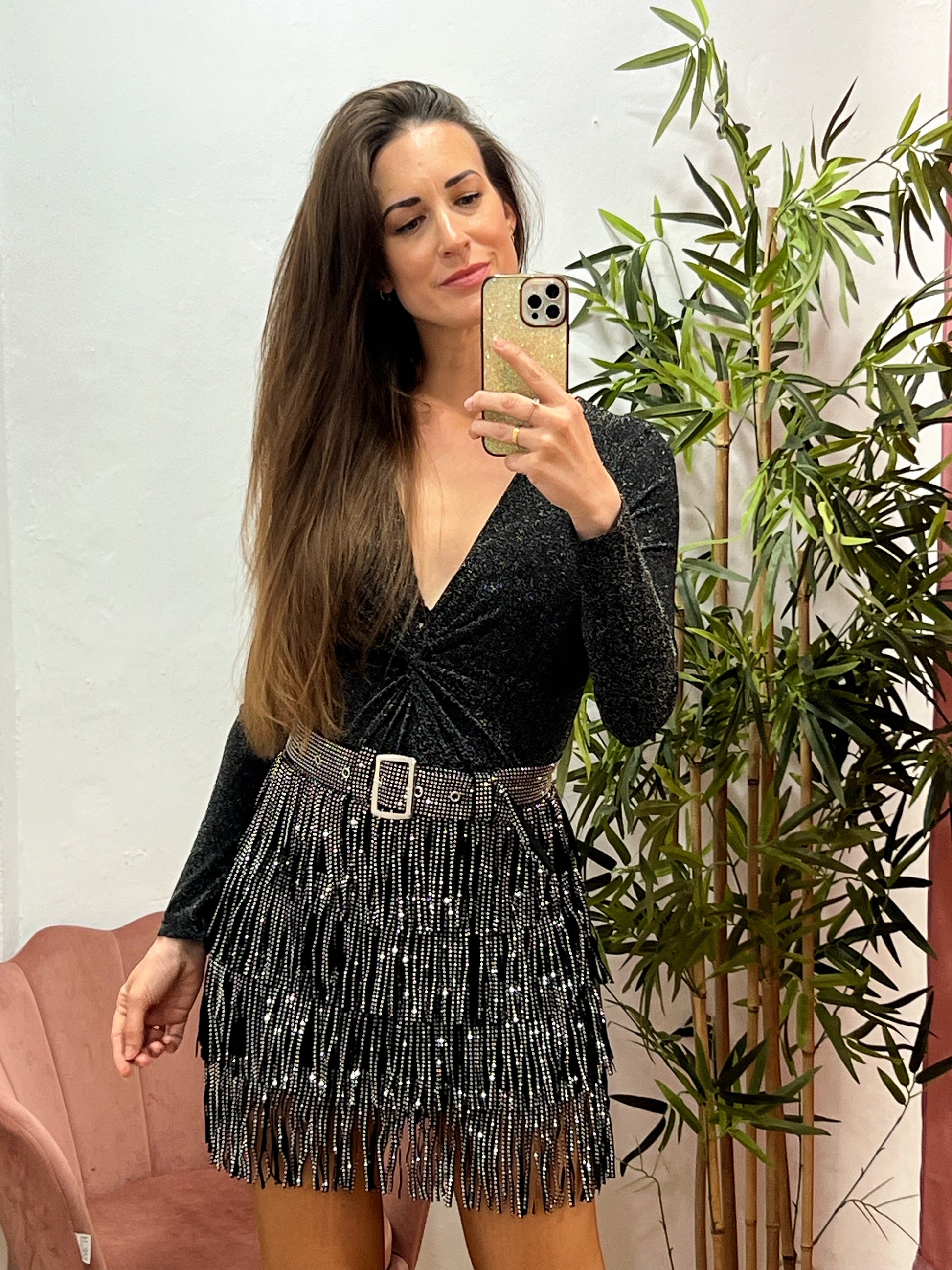 Falda Negra de Flecos con Strass Plateado – Elástica, con Cremallera Trasera y Cinturón Incorporado El Vestidor de Inma