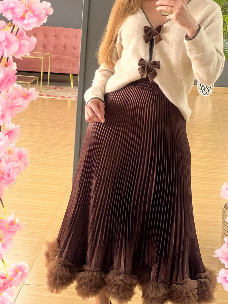 Falda plisada marrón con bajo de tul – Talla única elegante y versátil