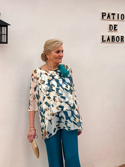 Blusa de fiesta gasa estampada asimétrica — tallas 44, 46 y 48 — diseñada y fabricada en España El Vestidor de Inma