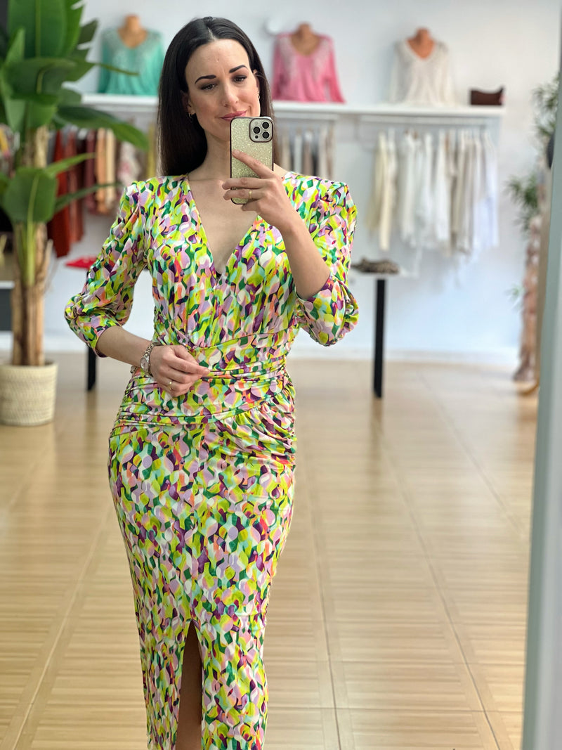 Vestido Primavera Estampado Verde Floral | Drapeado Cintura | Vestido Invitada