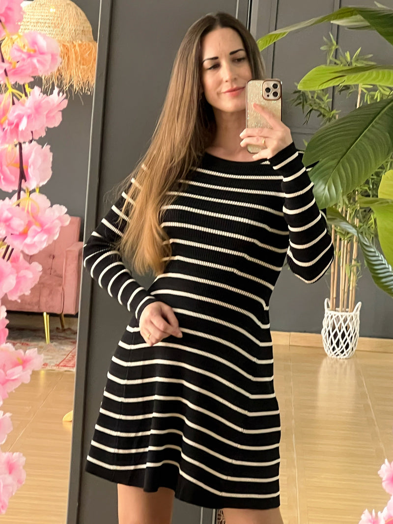 Vestido de Punto Rayas Negro y Beige