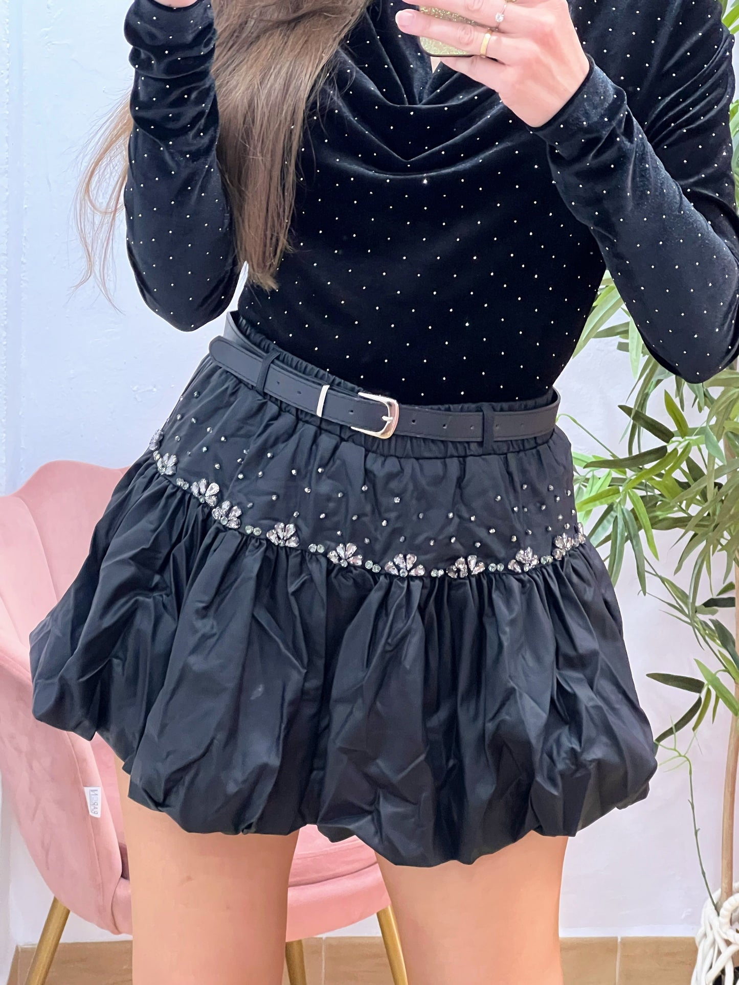 Falda Globo en Polipiel con Pedrería – Pantalón Interior y Cinturón Incluido (Tallas S/M/L) El Vestidor de Inma