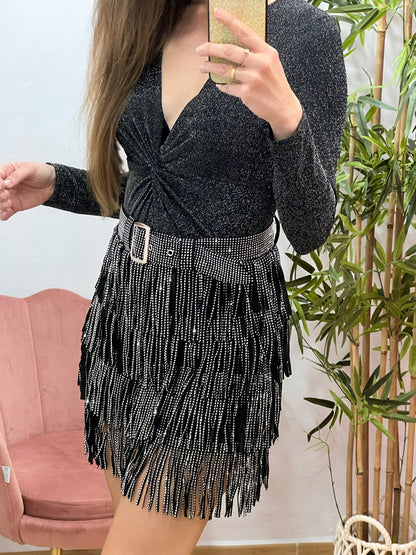 Falda Negra de Flecos con Strass Plateado – Elástica, con Cremallera Trasera y Cinturón Incorporado El Vestidor de Inma