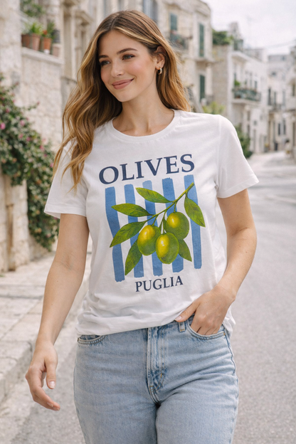 Camiseta Olives Puglia Blanca Estampado Olivas | Talla Única hasta 44/46 El Vestidor de Inma
