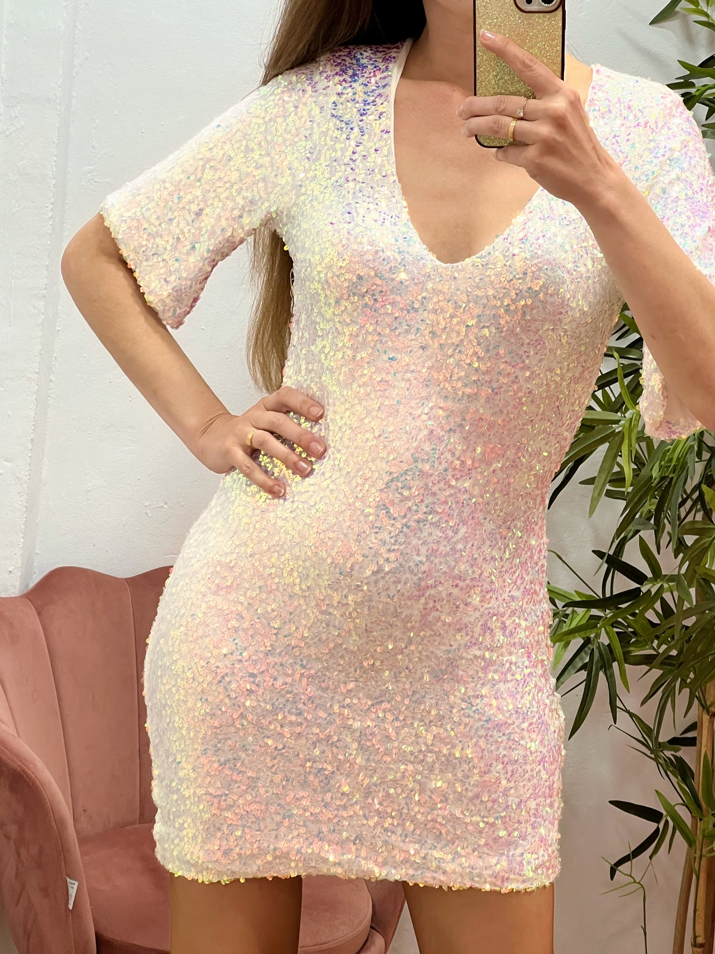 Vestido Blanco Tornasol de Lentejuelas – Talla Única 36 a 42 con Forro y Brillo Iridiscente El Vestidor de Inma