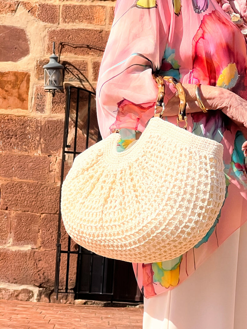 Bolso Crochet Hecho a Mano Asa Bambú Crema | Bolso Invitada Boda Comunión