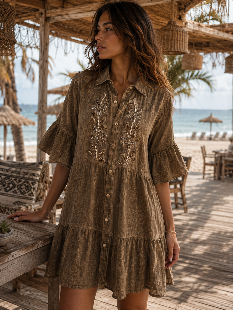 Vestido Camisero Boho Bordado con Perlas · Talla Única · Algodón 100%