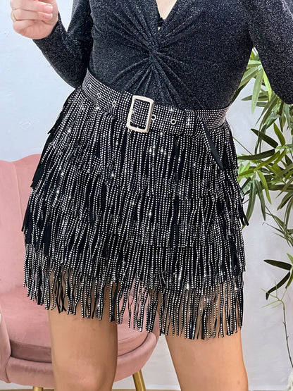 Falda Negra de Flecos con Strass Plateado – Elástica, con Cremallera Trasera y Cinturón Incorporado El Vestidor de Inma