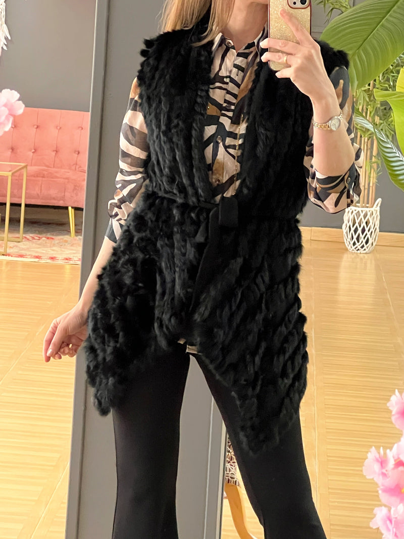 Chaleco de pelo natural de conejo negro – Elegancia y calidez en talla única