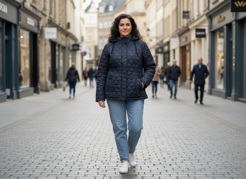 Chaquetón Acolchado “Oslo” Azul Marino · Tallas 40 a 54 · Capucha Extraíble y Laterales Elásticos | El Vestidor de Inma