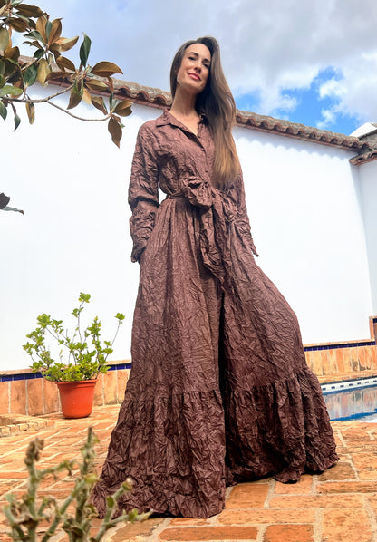 Vestido largo marrón con lazada y bolsillos | Talla única amplia – El Vestidor de Inma El Vestidor de Inma