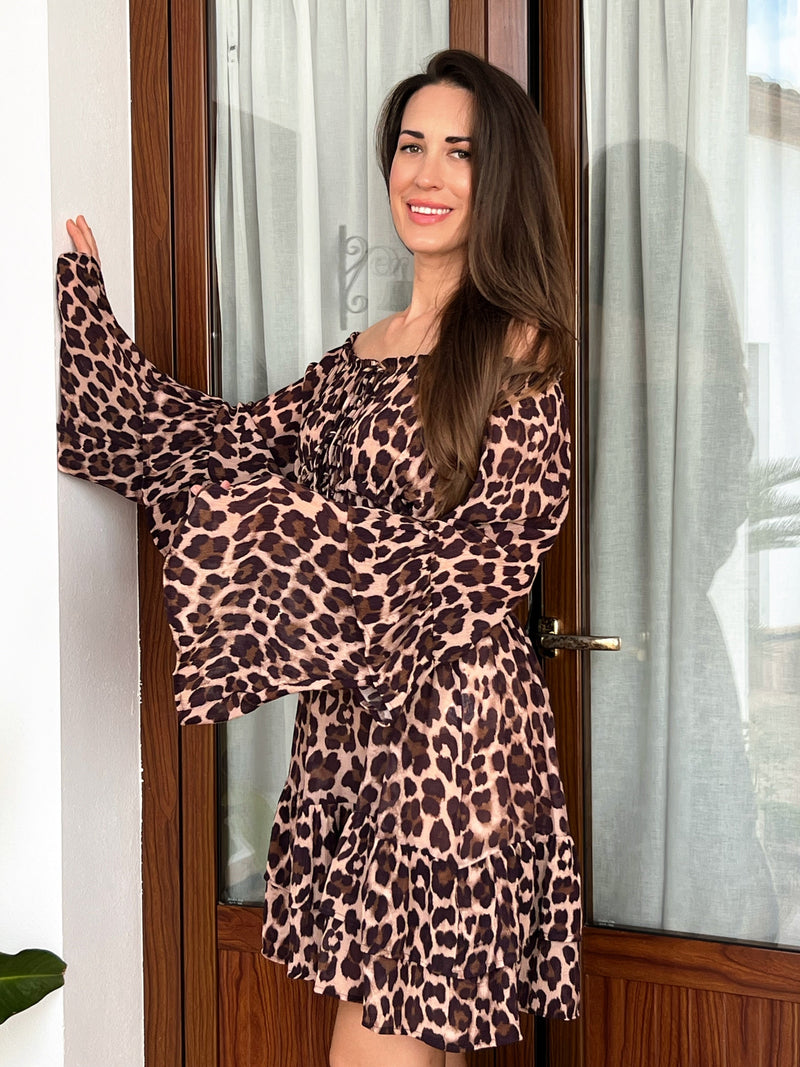 Vestido Animal Print con Mangas Acampanadas – Talla Única (36 a 46)