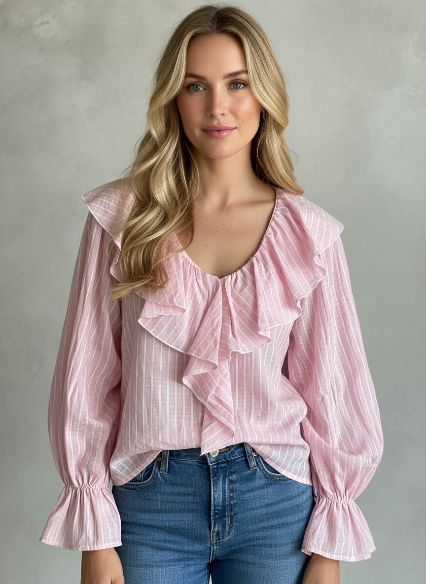 Blusa Rayas con Volantes Talla Única Rosa y Azul Elegante El Vestidor de Inma