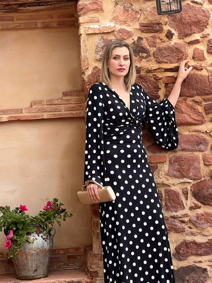 Vestido largo negro lunares blancos escote espalda — Talla Única (34-42) El Vestidor de Inma