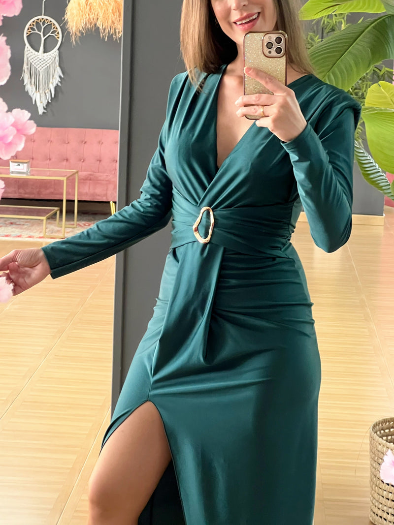 Vestido midi cruzado con hebilla dorada – Talla única elástica